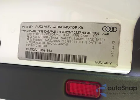 2016 Audi Tt 2.0T z USA, uszkodzony, nr VIN TRUT5CFV1G1021663